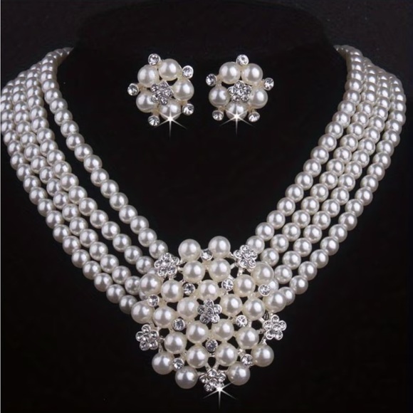 Jewelry - Elegant White Pearl Multi-Strand Necklace & Earrings Set- Fashion Jewelry